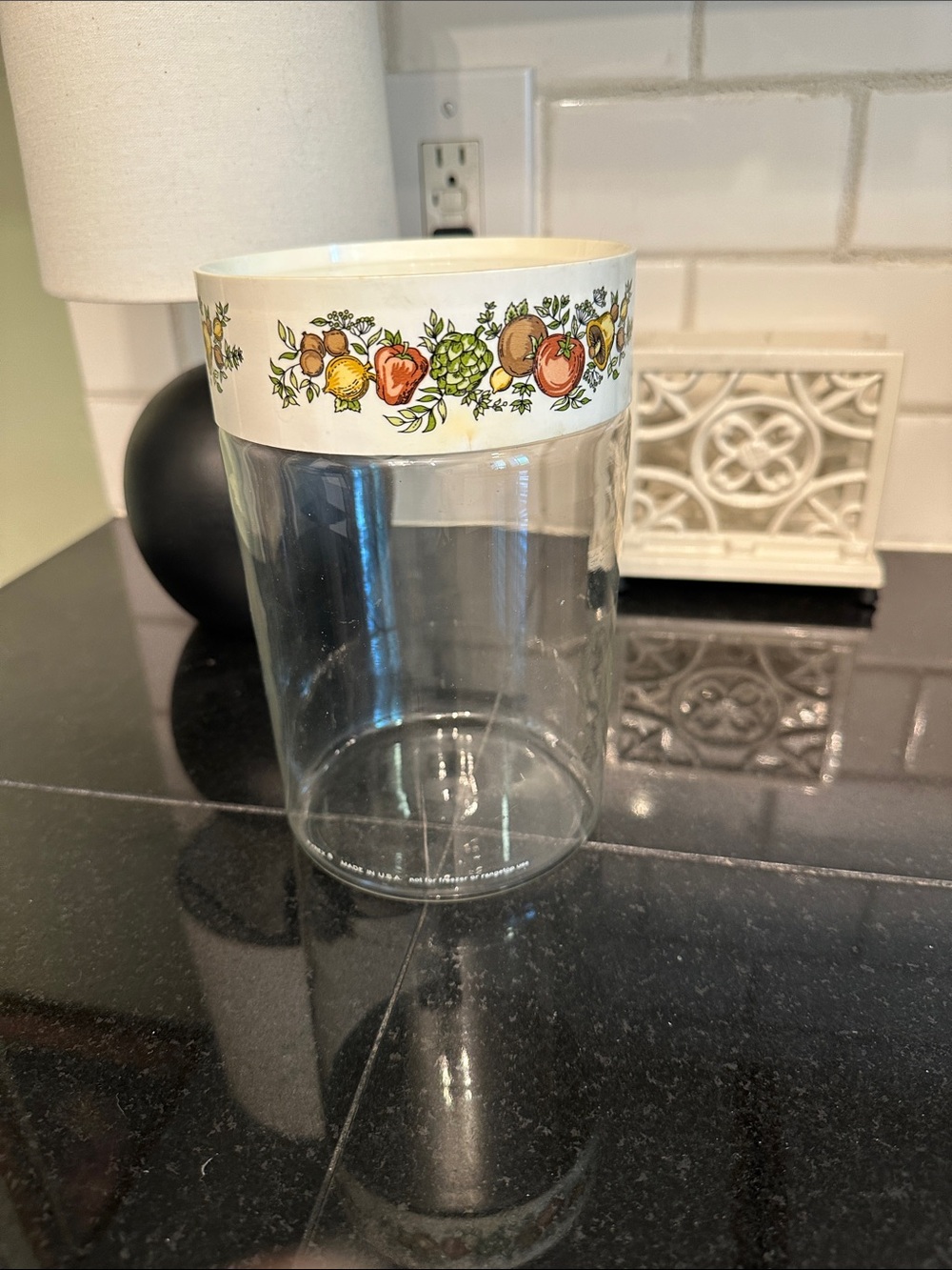 Pyrex Clear Glass Canister with Fruit Border and White Trim